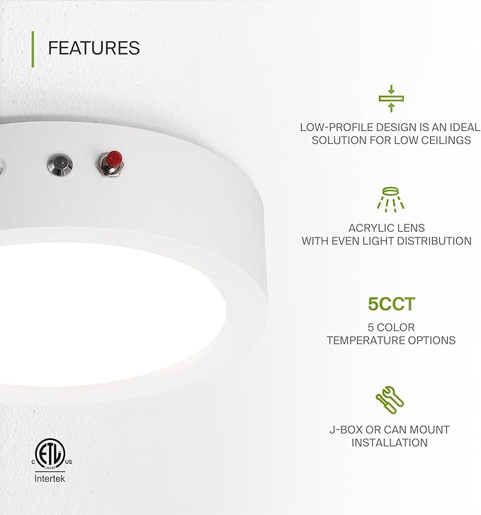 ASD LED 7" Round Flush Mount Ceiling Light Fixture, Low Profile Surface Lighting | 5CCT, Dimmable, Battery Backup, ETL Listed | 15W 1200LM 2700-6000K 120V | Kitchen, Bedroom, Hallway Lamp | White