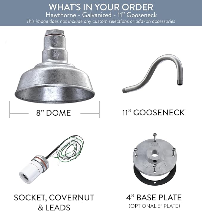 Steel Lighting Co. Hawthorne Barn Light | Outdoor Wall Mounted | 8 inch Dome | 11 inch Gooseneck| Small Farmhouse Light Made in America | Galvanized Exterior/Galvanized Interior