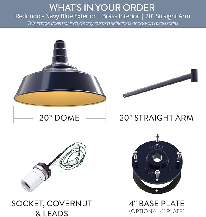 Steel Lighting Co. Large Outdoor Barn Light |Garage Light Fixture | Made in America from 18-Gauge Steel | 20" Dome | 20" Straight Arm Navy Blue Exterior/Brass Interior