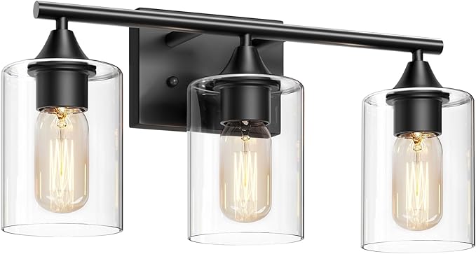 XPEHK Bathroom Lighting Fixtures Over Mirror,3-Light Black Bathroom Vanity Light,Sconces Wall Lighting with Clear Glass Shade,Light Fixture for Bedroom Living Room Vanity Table Hallway