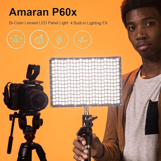 Aputure Amaran P60x 60W Output Bi-Color Lensed LED Panel Video Light 5070+ lux, CRI 95+, TLCI 97+, Color Temperature 3200K~6500K, APP Control & 4 Built-in Lighting FX, Softbox, Carring Case