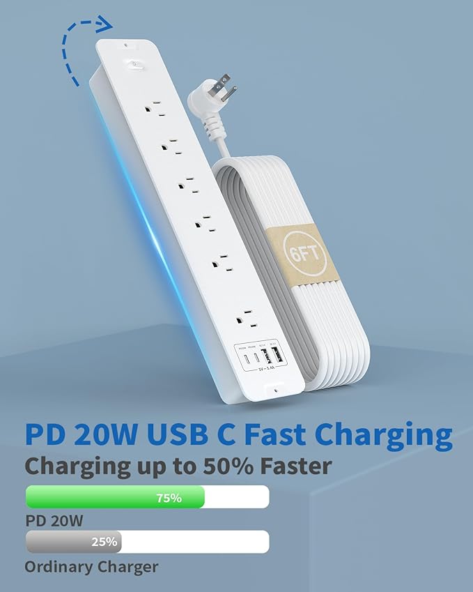 Inhwatek Recessed Power Strip, Surge Protector with USB Ports, Flush Mount Power Strip, 6Ft Flat Plug Extension Cord for Home Office Desk Kitchen Behind Furniture