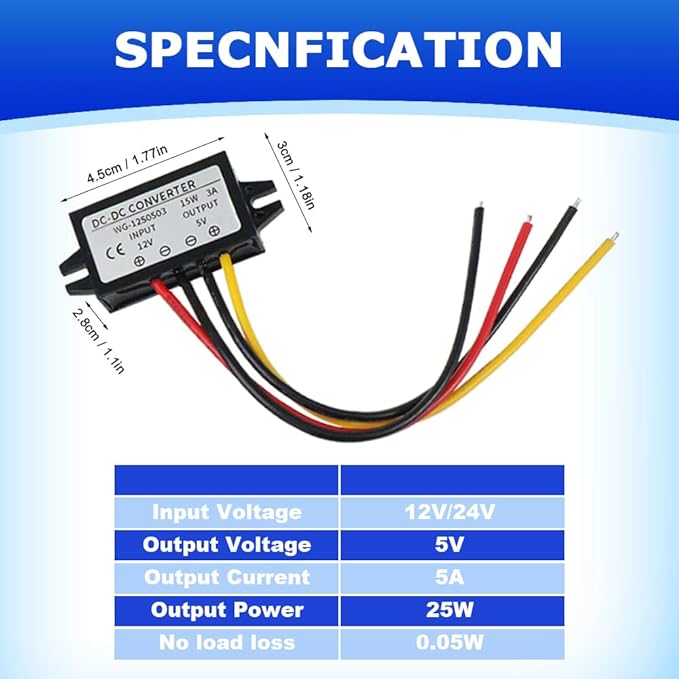 2Pcs 12/24V to 5V 5A 25W DC-DC Step Down Converter, Power Supply Adapter Compatible with Solar Panel, Waterproof Voltage Regulator Car Charging Transformation