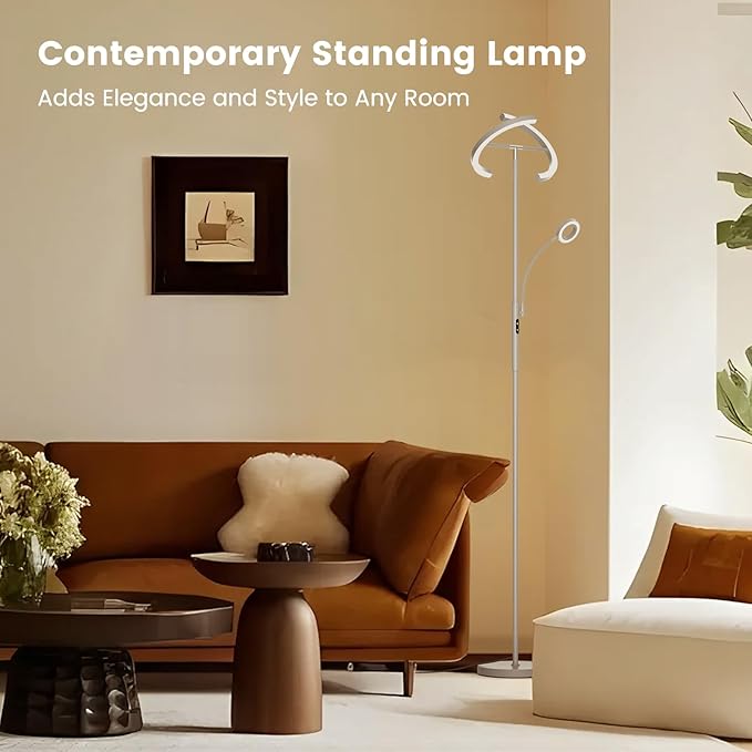 SIBRILLE 2-in-1 Dimmable Floor Lamp with Reading Light - Rotatable Standing Lamp with Remote&Touch Control, Stepless Color Brightness Adustable, Modern Lamp for Living Room Bedroom Office, Silver