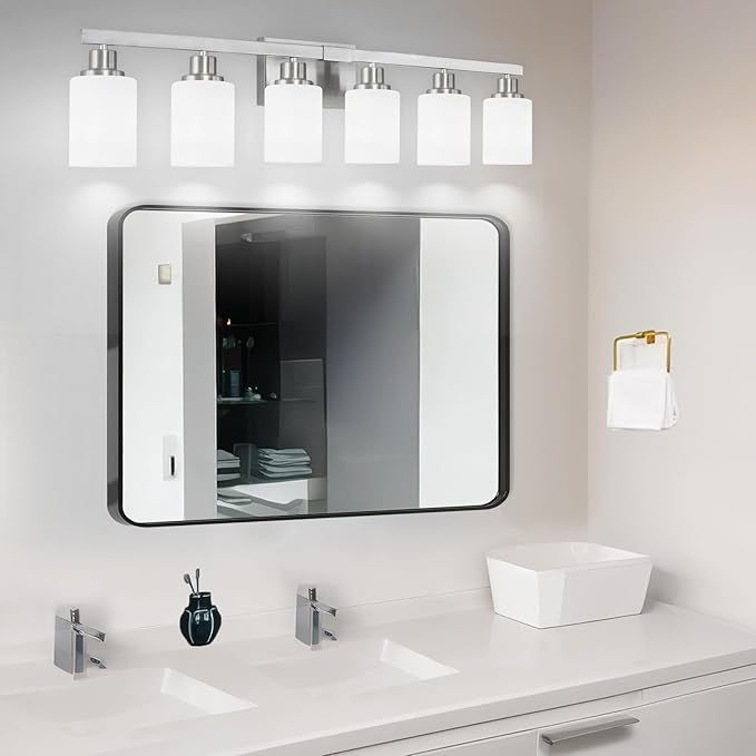 DIKAIDA 38" Bathroom Vanity Light, 6-Light Nickel Vanity Lights for Bathroom, Wall Sconce Lighting with Milky White Glass Shade, Wall Lights,Bath Vintage Wall Mounted Lamps for Mirror Bedroom