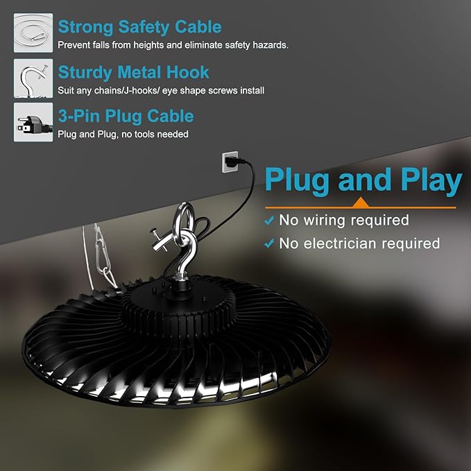 Lightdot Smart 250W LED High Bay Light 37,500LM Commercial Bay Lighting with Control (Supports Normal Mode & Motion Sensor Mode) ETL-Listed Plug and Play for 30-40FT Height-6Yrs Warranty-8Pack