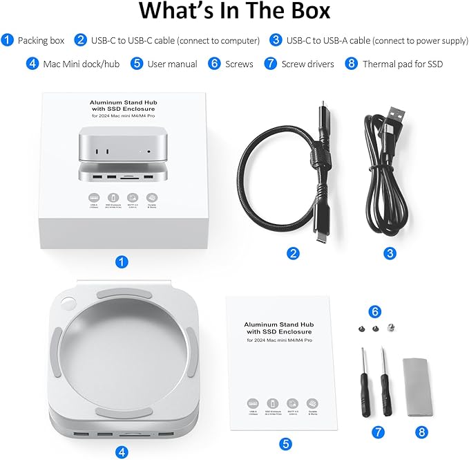 Akyyajaure Mac mini Hub: 9 in 1 Aluminum Stand & Dock for Mac mini M4 Pro with M.2 NVMe SSD Enclosure, 10Gbps USB-A*2, SD/TF Card Readers, USB 2.0