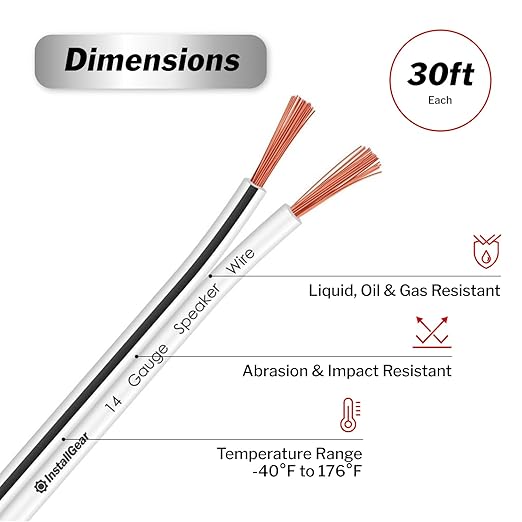 InstallGear 14 Gauge Speaker Wire - 30ft Black Audio Cable for Car Speakers, Home Theater, Surround Sound, Radio - Durable Copper-Clad Aluminum AWG Wire for Clear Sound Transmission
