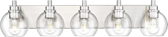 METWET Bathroom Light Fixtures, 5 Light Brushed Nickel Vanity Light, 32 Inch Modern Wall Sconces with Globe Clear Glass Shade, Vanity Lighting Fixtures Over Mirror, VL195-BN-CL-5