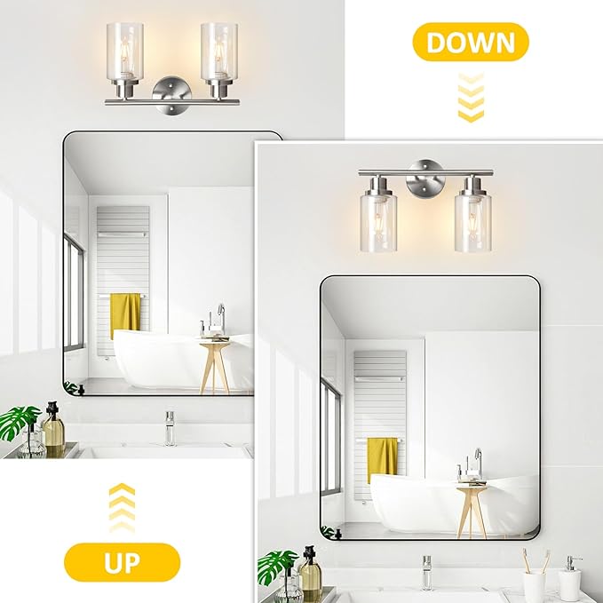 Unicozin 2 Light Vanity Lights, Brushed Nickel Wall Sconce Light with Clear Glass, Bathroom Light Fixtures, Wall Lights for Mirror, Living Room, Bedroom, Hallway, E26 Base (Bulbs Not Included)