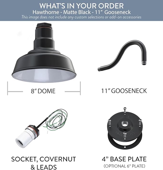 Steel Lighting Co. Hawthorne Barn Light | Outdoor Wall Mounted | 8 inch Dome | 11 inch Gooseneck| Small Farmhouse Light Made in America | Matte Black Exterior/White Interior