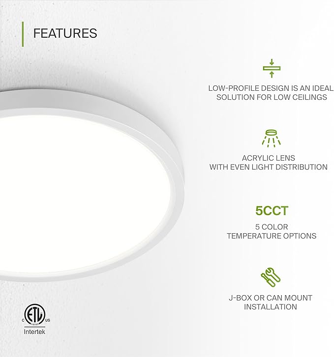 ASD LED 9" Round Flush Mount Ceiling Light Fixture, Low Profile Surface Lighting | 5CCT, Dimmable, Ultra-Thin, ETL Listed | 18W 1660LM 2700-6000K 120V | Kitchen, Bedroom, Hallway Lamp | White