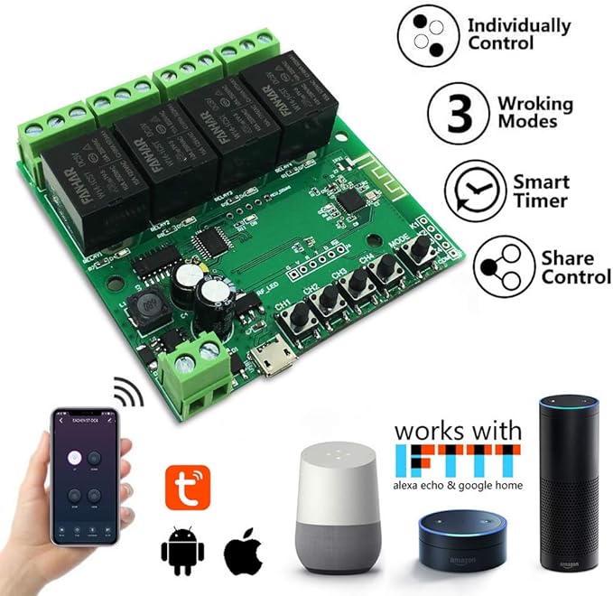 Newgoal 4-Channel WiFi Smart Switch Relay Module, TUYA/Smart Life App for Smart Home Remote Control, Momentary Time Adjustable, Compatible with Alexa/Google Assistant