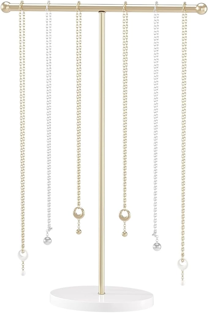 Justsoso Metal T-Bar Necklace Holder Stand, Necklace Hanging Display Stand, Tabletop Jewelry Organizer Stand for Necklace Bracelet Earring Display (Gold With Solid Acrylic Base)
