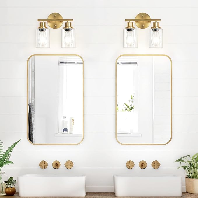 Guliaofo 2-Light E26 Bathroom Light Fixtures, Modern Brushed Gold Vanity Lights for Bathroom with Clear Glass Shade, Mirror Kitchen Hallway Cabinet Living Room Sconces Wall Lights