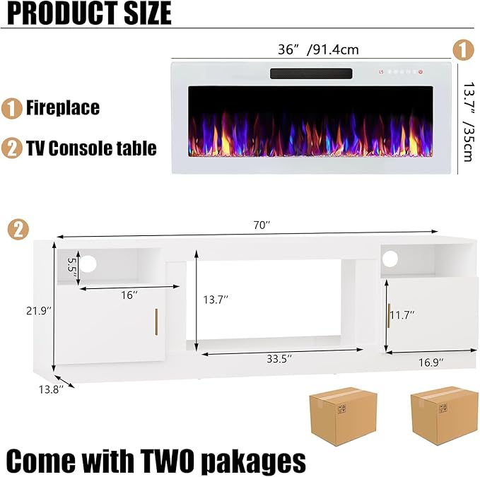 VITESSE TV Stand Fireplace with 36" inch Electric Fireplace Up to 90" TVs, LED Light Entertainment Center, 80" Modern Wood High Gloss with Highlight Storage Cabinet for Living Room (White)