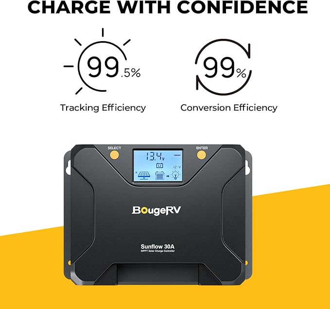 BougeRV MPPT Solar Charge Controller 30A, w/ Low-Temp Cut-Off, APP Control, Backlit LCD, 30 Amp Solar Panel Regulator 12V/24V for LiFePO4, SLD, Gel, FLD, AGM Battery, RV, Marine, Upgraded