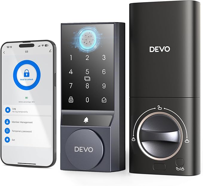 Devo G3 Fingerprint Smart Door Lock, Keyless Entry Door Lock, App Control, Smart Locks for Front Door, Smart Deadbolt Lock, Built-in Wi-Fi, Touchscreen Keypad, 8 Months Battery, IP54 Waterproof