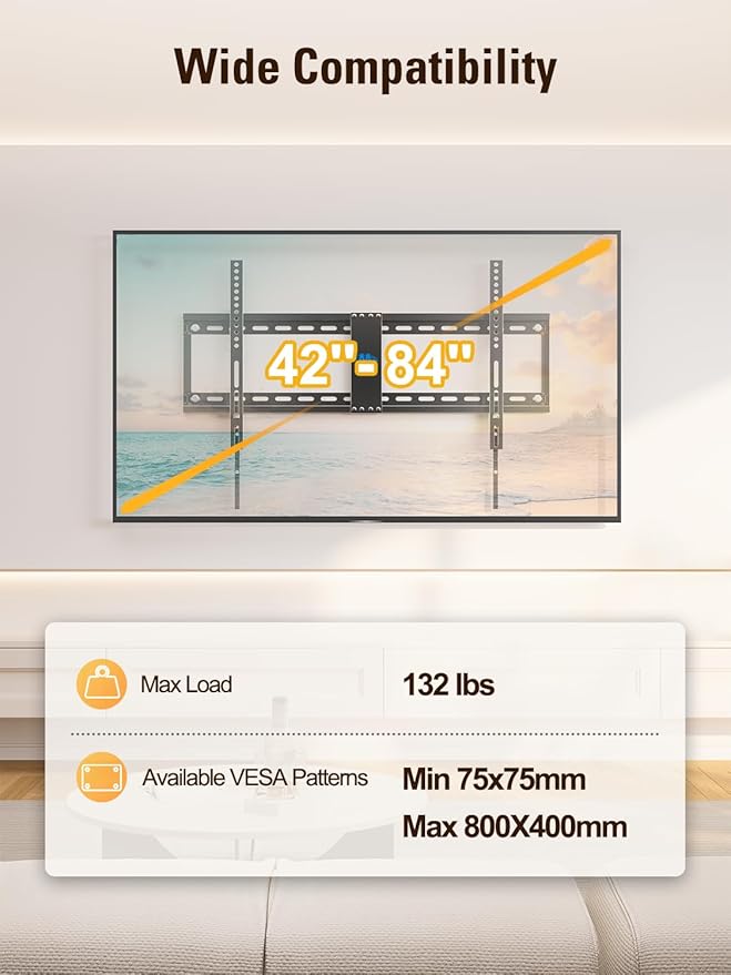 Mounting Dream Tilt TV Wall Mount for Most 42-84 inch TV, Universal Tilt TV Mount Wall Bracket with Low Profile Design, Max VESA 800x400mm and 132 LBS, Easy for Centering on 16", 18", 24", 32" Studs