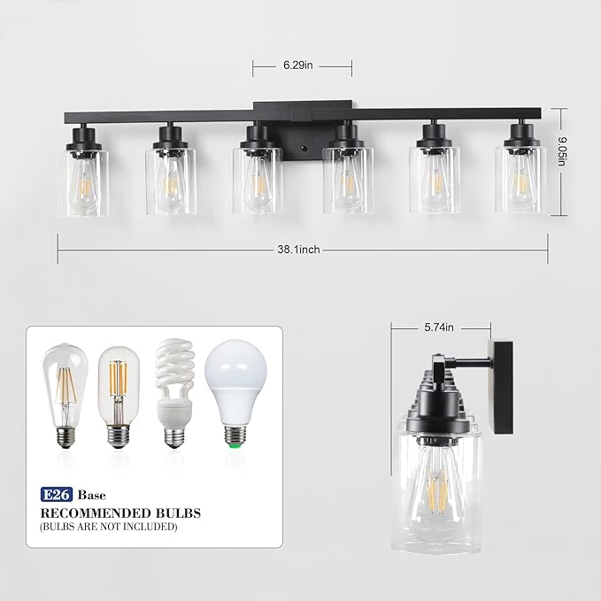 DIKAIDA 6-Light Black Vanity Lights 38'' Modern Bathroom Vanity Lighting Fixtures Above Mirror， Industrial Matte Bathroom Light Fixtures, Bath Wall Light Fixtures, Black Wall Sconces