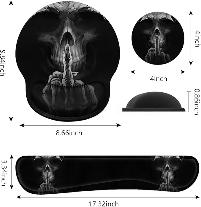 Keyboard Wrist Rest and Mouse Pad Wrist Support Set with Coasters, Non-Slip PU Base Ergonomic Gaming Mousepad for Home Office Working Studying Easy Typing & Pain Relief, Funny Skeleton Skull