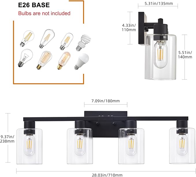 SOPEAS 4 Light Bathroom Vanity Light Fixtures, Black Farmhouse Bathroom Vanity Light with Clear Glass Shade, Bathroom Lighting Fixtures Over Mirror, Vanity Lights for Bathroom Mirror