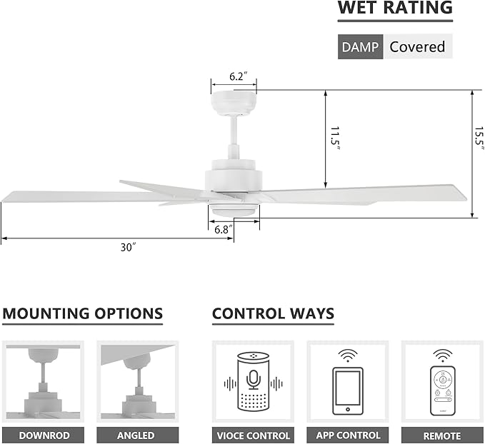 SMAAIR Smart Ceiling Fan with Light, 60inch Indoor and Outdoor ceiling fan with Remote, Compatible with Alexa/Google Assistant/Siri Shortcut, App control with Timer and Schedule(White)