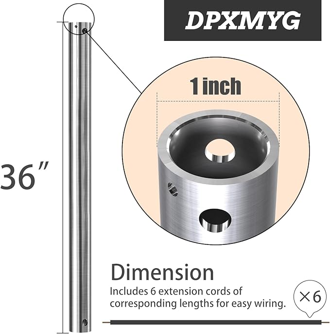 DPXMYG 36 inch Ceiling Fan Downrod with Extension Cord, 3 FT Brushed Nickel Downrod for Ceiling Fan, 1 inch Outside Diameter, Ceiling Fan Boom Suitable for a Wide Range of Fans (Nickel, Not Threaded)