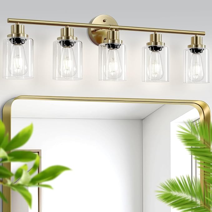 Guliaofo 5-Light Bathroom Vanity Lights, E26 Modern Brushed Gold Bathroom Light Fixtures with Clear Glass Shade, Mirror Kitchen Hallway Cabinet Living Room Sconces Wall Lights