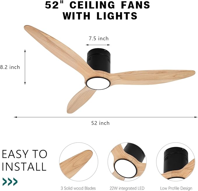 OUATER Wood Flush Mount Ceiling Fan with Light,52 inch Low Profile Modern Ceiling Fans for Outdoor/Patios/Bedroom/Office,3 color light,6 Speed,DC Motor,Wood and Modern Matte Black