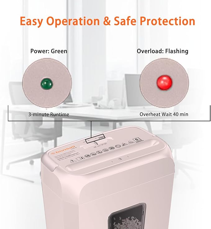 Bonsaii Compact Design for Business Paper Shredder, 6-Sheet Cross-Cut, Credit Card Shredder, Home Office, Handle for Document, Mail, Staple, 3.4 Gal Wastebasket, Pink