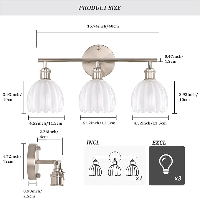 Shenmoyl Bathroom Light Fixtures, 3-Light Vanity Wall Light Over Mirror with White Tulip Glass Shade for Bedroom Living Room (Bulb Not Included), Satin Nickel