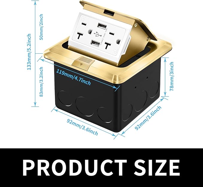 Vagueior Recessed Floor Electrical Outlet Kit,Waterproof Electrical Outlet Covcer Box,Hidden 4.8A USB+20A Tamper-Resistant Receptacle Outlet with Slow Elastic Damping ，ETL Certified,Gold (2 Pack)