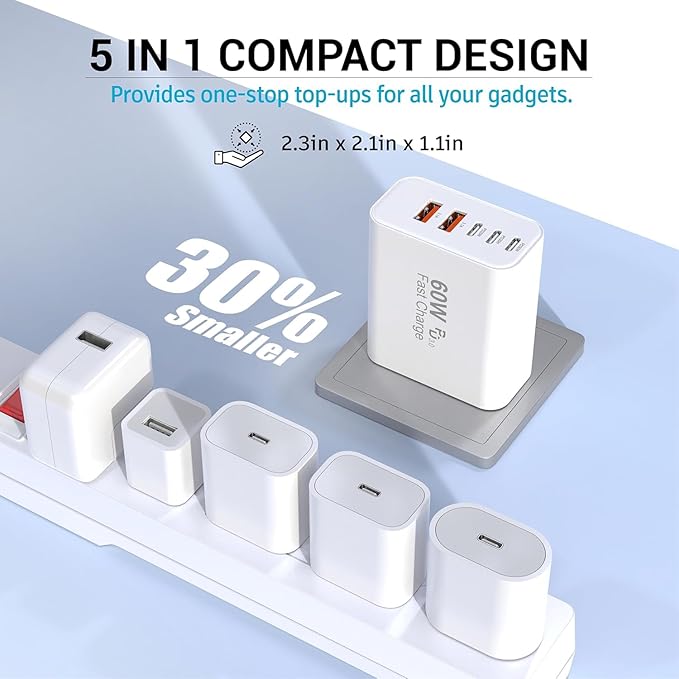 USB C Charger Block, 60W 5 Ports USBC Wall Charger Plug Fast Charging, iPhone Charger QC Multiport PD Adapter Chargers, Type C Box Brick Cube for iPhone 17 16 15 14 13 12 Pro Max,Samsung (White 1Pack)