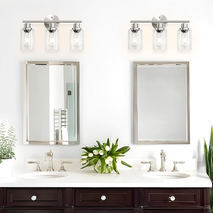 Guliaofo 3-Light Brushed Nickel Vanity Lights, E26 Modern Bathroom Light Fixtures with Clear Glass Shade, Wall Lamps for Mirror Kitchen Hallway Cabinet Living Room Sconces Lights