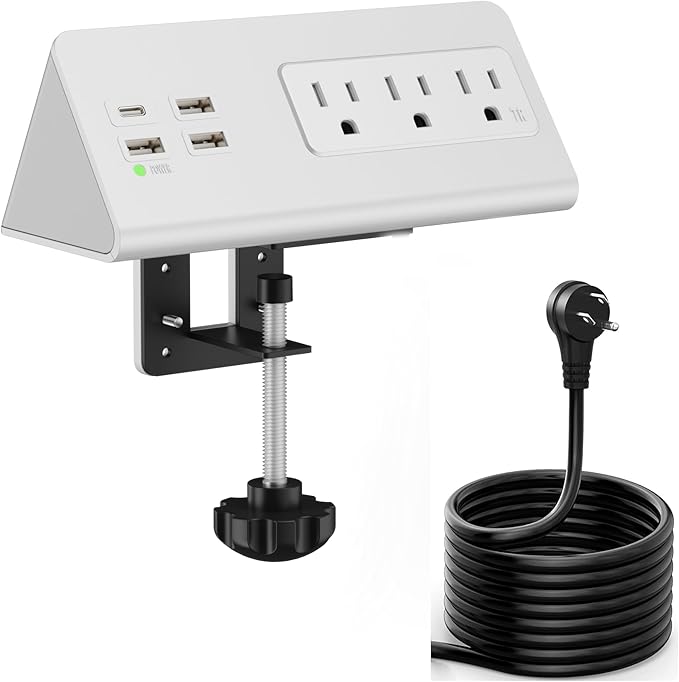 Upgraded Version Edge Mount Power Strip with USB-C Ports Tabletop Surge Protector Desk Clamp Power Sockets with 3 AC Outlets &4 Fast Charging USB Ports for Home Office Hotel Dormitory (White- 1pack)