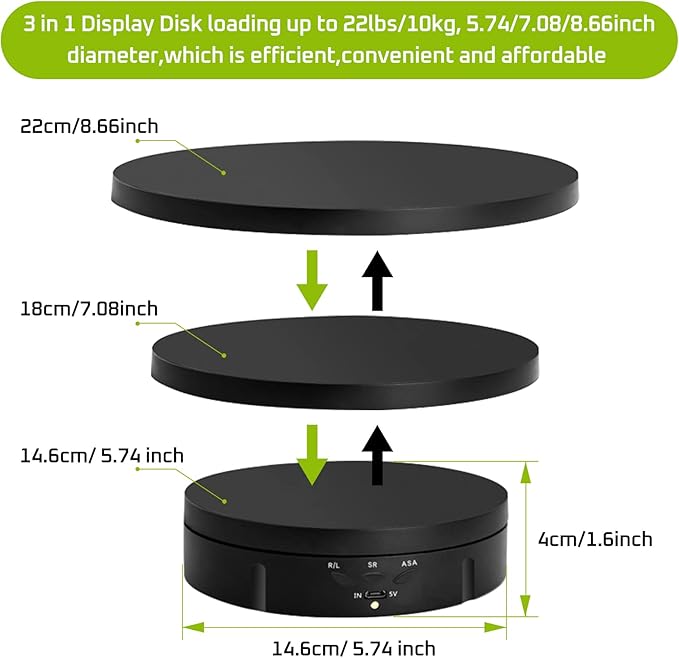 JAYEGT 3 in 1 Motorized Rotating Display Stand with 5.74/7.08/8.66 inch Replacement Cover，Max 22lbs Load , 3D Models, Cake -Black