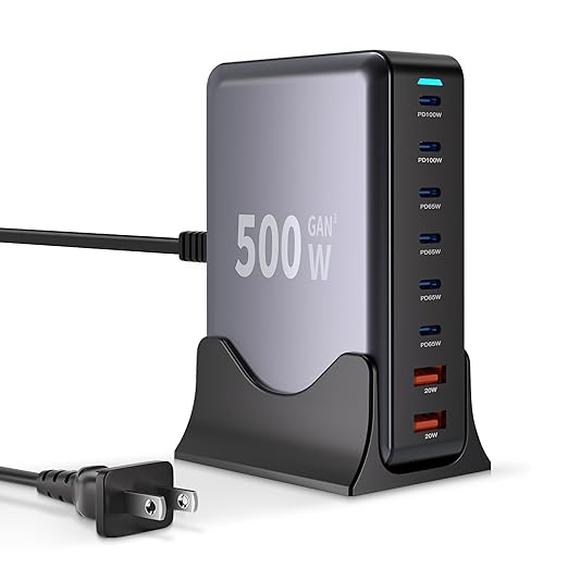 500W USB C Charger Block, GaN3 Charging Station 8-Port Fast USB Charger Block Dual 100W PD USBC Fast Charging Station Desktop Hub Compatible with iPhone 17 16 15 14/Pro Max/MacBook Pro/Air/iPad(Black)