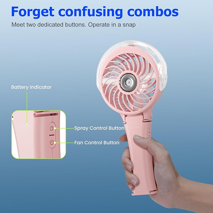 HandFan 2025 Upgraded Portable Misting Fan, Two Button Easy Operation, Handheld Rechargeable Mister Fan, Spray Water Mist Fans, Mini Electric Cooling Fans for Travel, Outdoors, Disney(Pink)