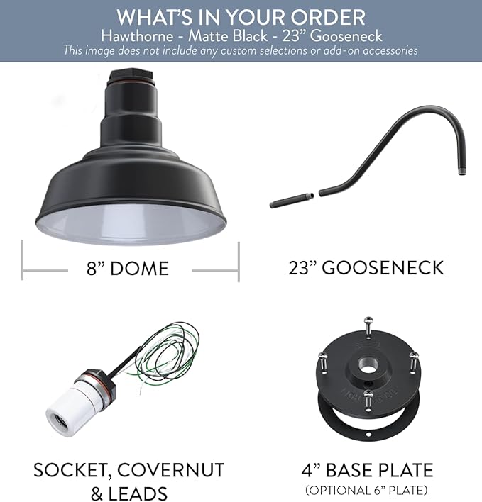 Steel Lighting Co. Hawthorne Barn Light | Outdoor Wall Mounted | 8 inch Dome | 23 inch Gooseneck| Small Farmhouse Light Made in America | Matte Black Exterior/White Interior