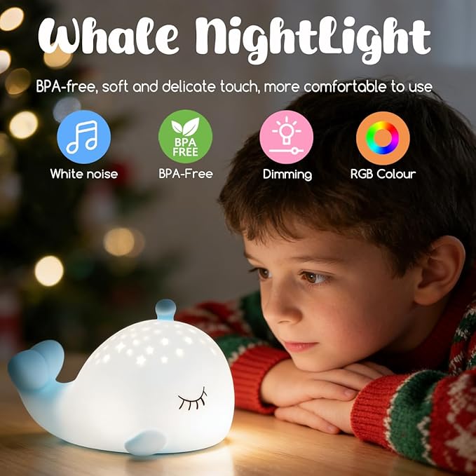 LEDHOLYT Cute Night Light Gifts for Kids, 7 Colors Blue Whale Toys Cute Lamp,Soft Silicone Baby Night Light,Silicone Whale Rechargeable Nightlight for Kid Kawaii Room Decor