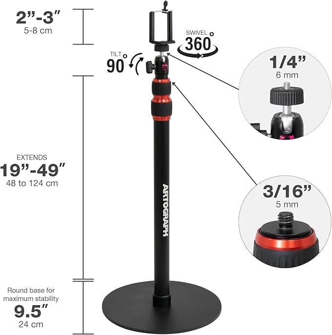 Artograph Height Adjustable Projector Stand, Art Monopod for Digital Projector, Camera, or Lights, Includes Cell Phone Holder for Smartphone