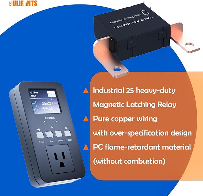 Aulifants LP405 25A Heavy Duty Smart Plug Meter Sockets Industrial Energy Monitor Trip-Rate Billing, OVP/UVP/OLP Color Screen Magnetic Relay Offline Logging WiFi Tuya/Smart Life for AC/Heaters