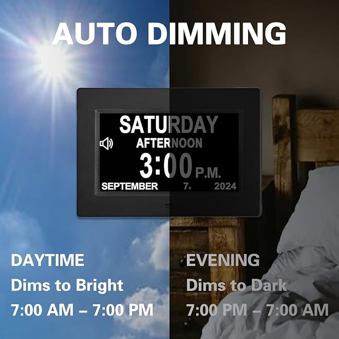 JALL 【2024 New】 Digital Calendar Dementia Day Clock, 7 Inch Large Screen Display, with Multiple Alarms, AM & PM Display, for Impaired Vision People, Age Seniors, for Desk, Wall Mounted