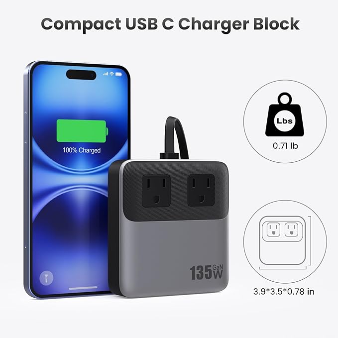 135W Charging Station USB C Power Strip,6-in-1 GaN USB C Charger Block with Plug &5ft Cord,2 AC,2 USB-A,2 USB-C,PD 65W Laptop Charger for MacBook,iPhone 16/15/14,Desktop Fast Charging for Home,Office