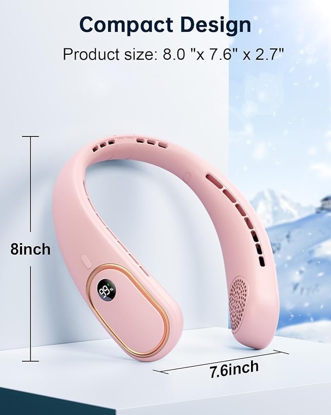 SHEWIND Portable Neck Fan - Hands Free Personal Fan, Rechargeable Bladeless Fan with 5000mAh-Battery, Digital Display, 4 Speeds, Birthday Gifts for Men, Women, Mom, and Dad - Pink