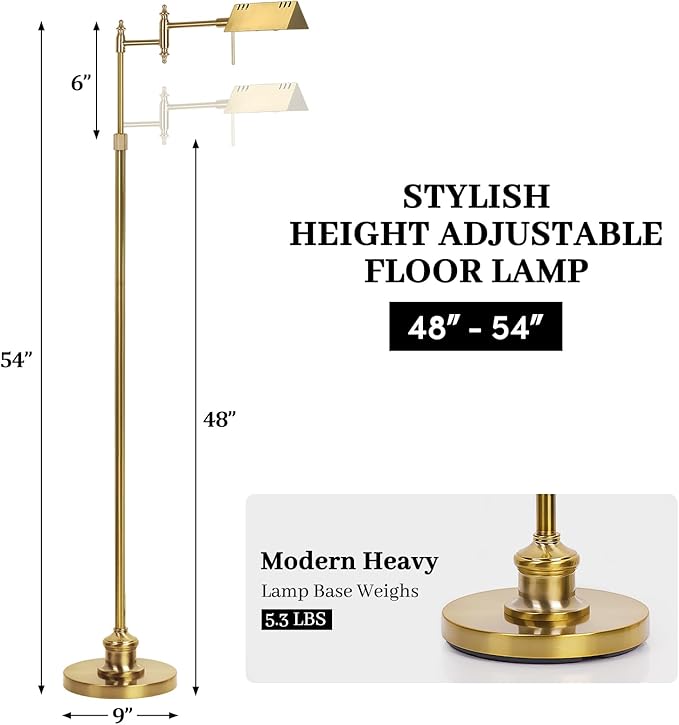 Dimmable Pharmacy Floor Lamp with Remote, 17W Gold LED Reading Floor Lamp with 360°Swing Arm, 3 Color Temperature, Height Adjustable Standing Task Lamp for Living Room, Bedroom, Office, Antique Brass