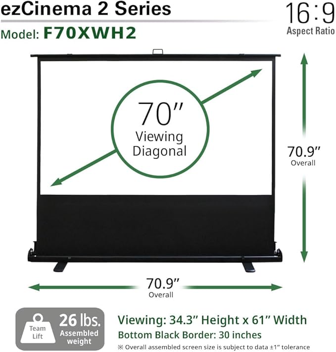 Elite Screens ezCinema 2, 70-inch 16:9, Manual Floor Pull Up Scissor Backed Projector Screen, Portable Home Theater Office Classroom Projection Carrying Bag, US Based Company 2-Year Warranty, F70XWH2
