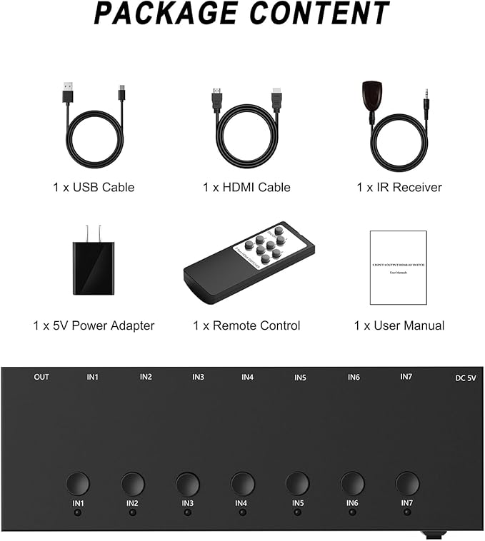 7 HDMI Converter with 4k@60Hz HDMI Switch & Infrared Remote Control - Ideal for Nintendo Switch/OLED/Xbox PS5/4/3 Blu-Ray Player Fire TV Stick Roku Apple TV Chromecast PC