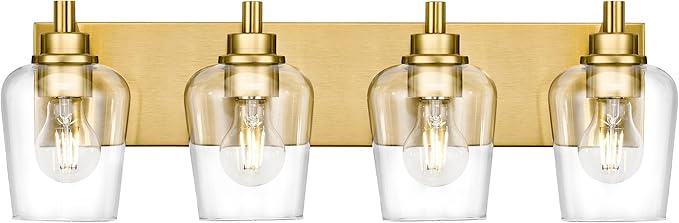 METWET Bathroom Light Fixtures, 4-Light Modern Vanity Light with Clear Glass Wine Glass-Shaped Shade, Vanity Lighting Fixtures Over Mirror, Brushed Gold, VL155-BG-4